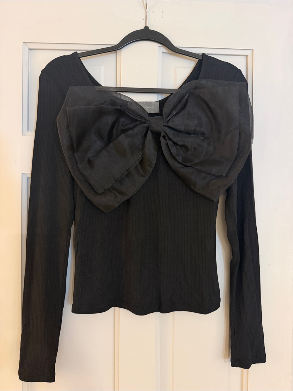 Sunday in Brooklyn Black Ribbed Long-Sleeve Top with Oversized Bow